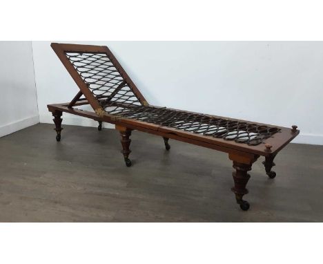 ROBINSON & SONS OF ILKLEY, VICTORIAN MAHOGANY CAMPAIGN DAY BED, CIRCA 1865-75 adjustable with brass hinges, raised on tapered