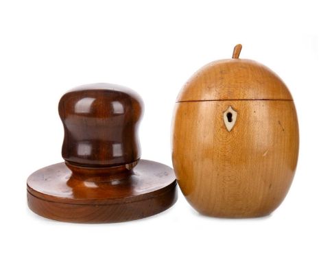 POLISHED WOOD TEA CADDY,  20TH CENTURY  modelled in the form of a fruit, with hinged lid and simulated ivory key escutcheon, 