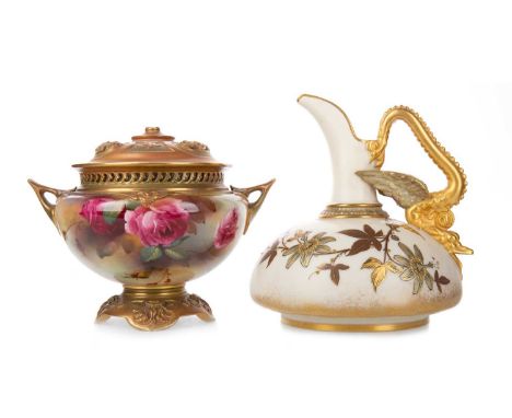 ROYAL WORCESTER, POTPOURRI CIRCA 1926 with pierced cover and rim, the body hand painted with roses, twin handles, on foliate 