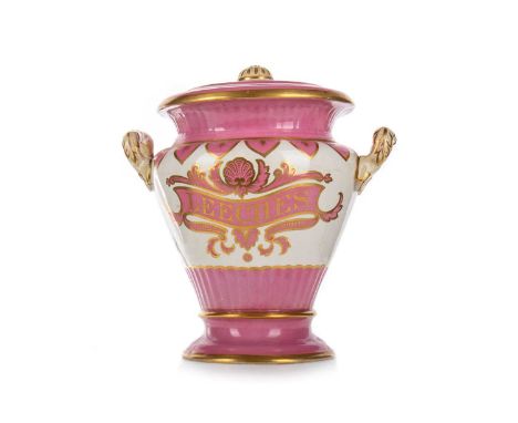 VICTORIAN CERAMIC 'LEECHES' JAR, with pierced cover, twin upright handles, inscribed LEECHES in gilt to pink ground, gilt hig