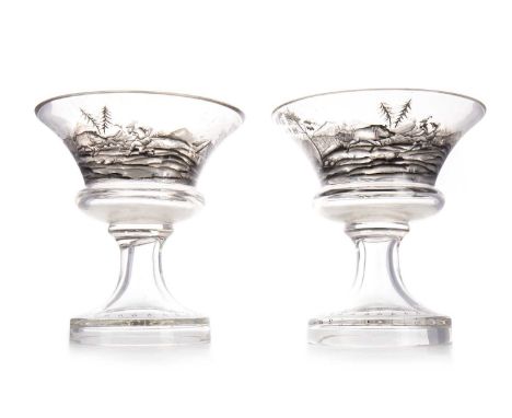 PAIR OF BOHEMIAN GLASS VASES, LATE 19TH/EARLY 20TH CENTURY of Campana form, the bowls decorated with scenes of boar hunting19