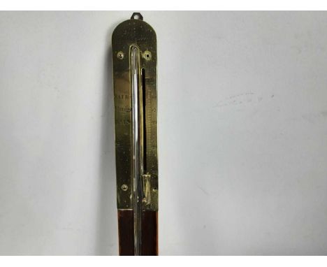 SCOTTISH GEORGIAN STICK BAROMETER, in stained wood and brass, with mercury thermometer89cm highBrass plate detached at one si