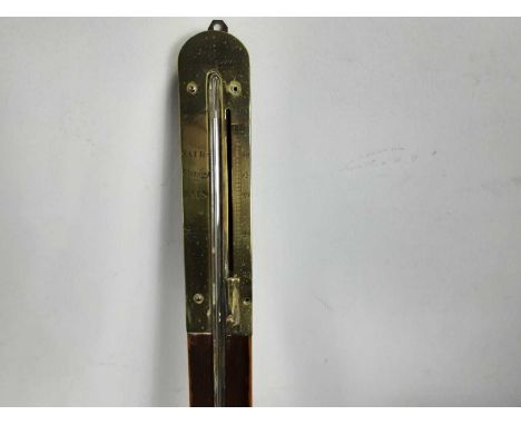 SCOTTISH GEORGIAN STICK BAROMETER, in stained wood and brass, with mercury thermometer89cm highBrass plate detached at one si