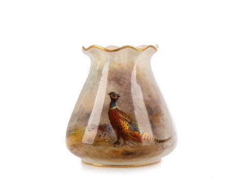 ROYAL WORCESTER POSY VASE, EARLY 20TH CENTURY  painted with a pheasant in landscape by James Stinton, printed marks in puce w