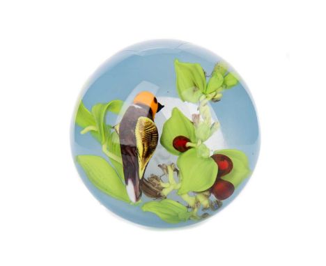 ERIC W. HANSEN, GLASS PAPERWEIGHT CONTEMPORARY decorated with a parot perched in foliage to blue ground, signed towards base8