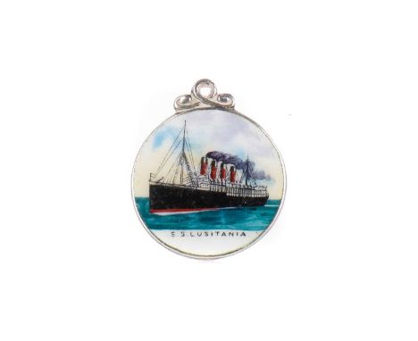 S.S. LUSITANIA INTEREST, SILVER AND ENAMEL PENDANT, BIRMINGHAM 1906 decorated with an image of the ship2cm diameter