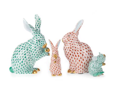THREE HEREND RABBITS, AND A MOUSE in coral and green fishnet colourways, with gilt detailsthe tallest 15cm highA few very lig