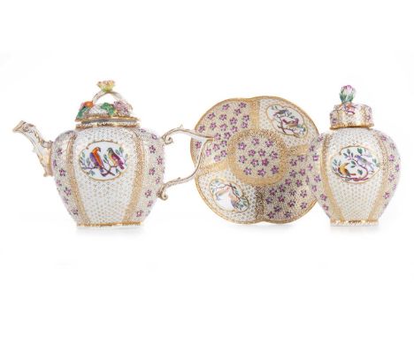 MEISSEN CADDY, TEAPOT AND STAND, MID-LATE 19TH CENTURY  each of shaped oval form, with painted reserves of perched birds with