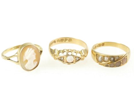 18ct gold ladies opal and diamond ring, 18ct opal and pearl ring and 18ct cameo ring, sizes J- K , total weight 7 grams (3)