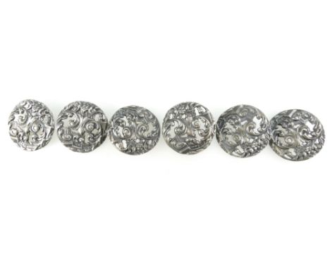 A set of six Silver buttons each with scenes of a gallant musician playing for a lady hallmarked for Birmingham 1902 in origi