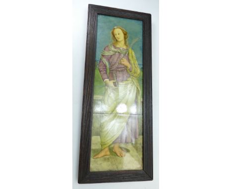 Maw and Company Arts and Crafts - a three tile display in an oak frame, 66cm x 26cm incl. frame, c1880 Research by vendor see