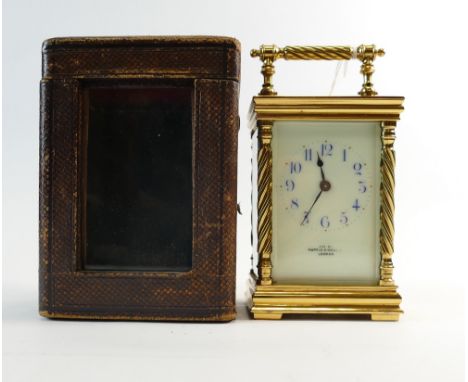 19th century ornate brass carriage clock the dial marked Mappin & Webb of London, French movement with original leather case.