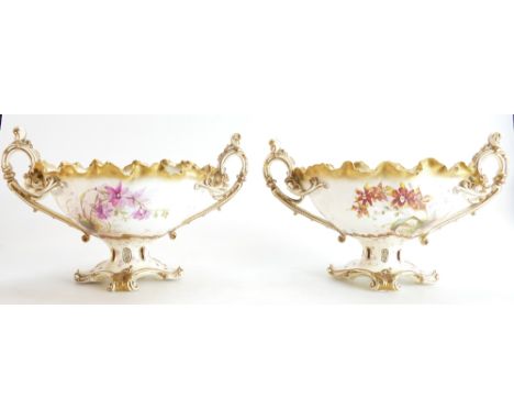 Pair of 19th century Moore Bros. two handled Comports, gilded and hand painted with Orchids by R Pilsbury, height 18.5cm leng