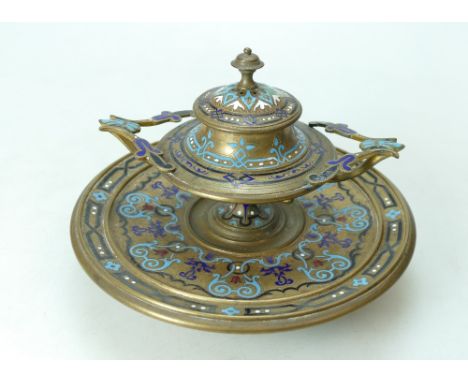 Champleve enamel inkstand, 19th century. Missing hinge pin, minor enamel damage to enamel on lid, chips to glass well. 18cm x