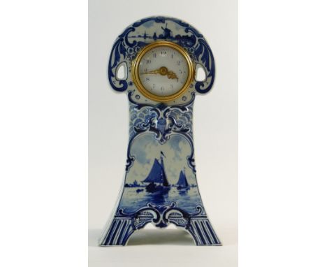 Delft Art Nouveau blue & white pottery mantle clock with French movement, height 23cm (slight chip to back foot)