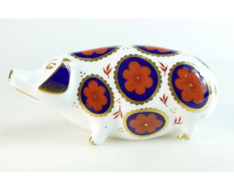 Royal Crown Derby paperweight of a Pig, early version with ceramic stopper.