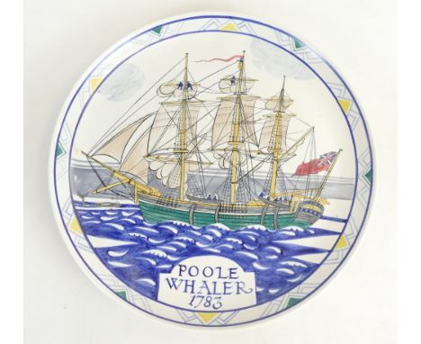 A Poole Pottery hand painted plaque, decorated with the 'Poole Whaler 1783', inscribed to reverse. The dish was made and pain