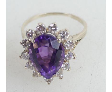 Pear shaped Amethyst and Diamond cluster ring. 13 x diamonds. Size K