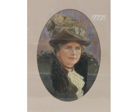British School watercolour oval portrait of Sarah Ellen Goss in later gilt frame, it is unsigned. 35 x 25cm. It has a hand wr