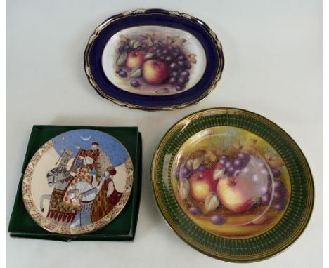 Spode gilded plate hand painted with fruit by J A Stubbs, oval plate painted with fruit by G Barnes and a Minton Christmas pl