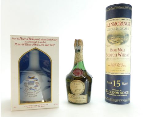Group of 3 sealed bottles - Glenmorangie Whisky, Bells Whisky Prince William 1982 commemorative ceramic decanter, & vintage B