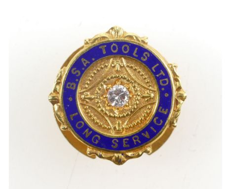 9ct gold tie pin with enameled decoration "BSA Tools Ltd Long Service" awarded in 1923 set with diamond, 5 grams.