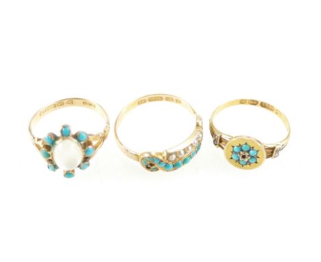 15ct gold Ladies opal and turquoise ring size L, 15ct turquoise and pearl ring size O and 15ct turquoise and a single rose cu