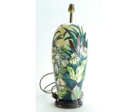 Moorcroft tall Bulrush and Waterlilly decorated vase, fitted as a table lamp. Vase  measuring 14" / 36cm high, excluding fitt