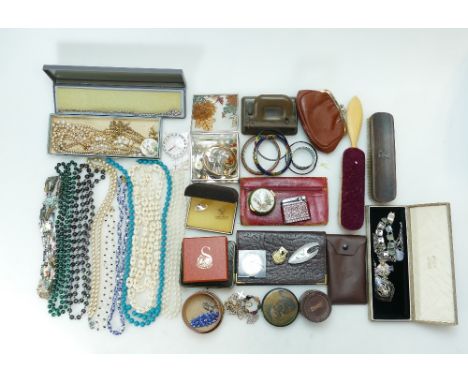 A collection of ladies and gentleman's vintage costume jewellery, brooches, cufflinks, pearls, leather wallets, ladies 9ct co