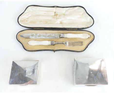 Silver filled cigarette box, a smaller silver cigarette box and silver cake knife and fork with mother of pearl handles by Ma