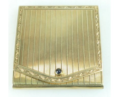 Art Deco gold coloured metal COMPACT - Stamped  .585 for 14ct gold.  Cabouchon sapphire button / catch. Measuring 57mm x 52mm