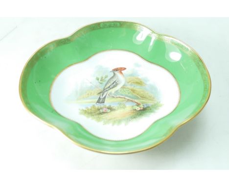 Spode Copelands China shaped dish, handpainted with Shrike by W Eccles
