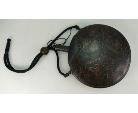 Japanese 19th century circular lacquer powder flask with gilt decoration and metal mounts.  Good overall condition. 17.5cm wi