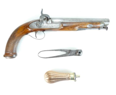 18th century English Flintlock Pistol, length 36cm with brass gunpowder flask marked Bartram & Co and a bullet pincer mould (