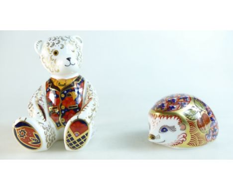 Royal Crown Derby paperweights seated large Teddy Bear and Orchard Hedgehog, both Collectors Guild pieces with gold stoppers,