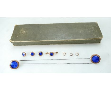 Cased large size Hatpins, brooch & buttons with Guilloche enamel & gilt decoration.  Pins measure 23cm.  Items appear in good