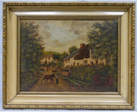 W R Jones, oil painting on canvas of man with horses in street in gilt frame, 40 x 30cm.