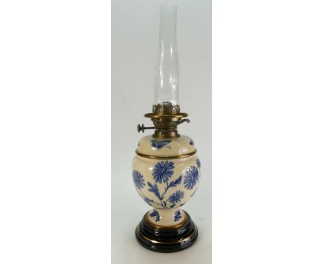 19th century blue & white pottery oil lamp decorated with butterflies and flowers with Hinks duplex brass burner, height to t