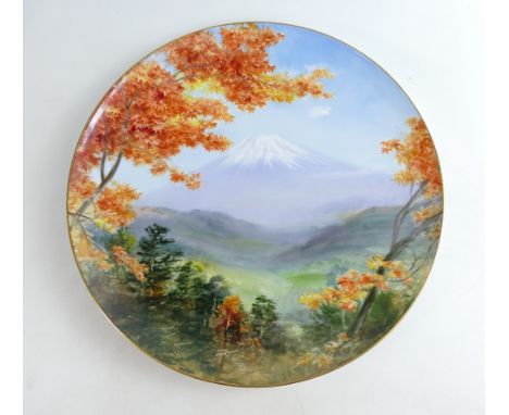 Noritake charger 35cm. Hand painted and signed by artist K Shinoki.  Depicting Mount Fuji.