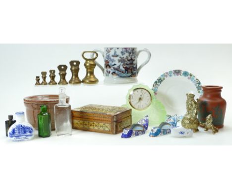 A collection of items including graduated set of five brass weights 1lb down to half ounce, 19th century earthenware loving c
