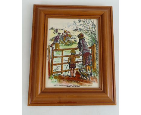 Johnsons Tile decorated with a comical golfing scene in wood frame