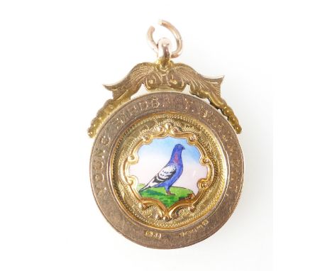 Racing Pigeon Memorabilia, 9ct rose gold medal won for "Young Birds by T Beaumont Tandem Flying Club 1925" with enamelled pic