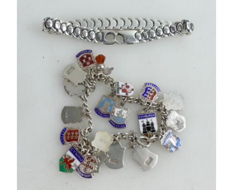 Silver bracelet with large quantity of silver & enamel heraldic charms, and another bracelet. Gross weight 66.6g (2)