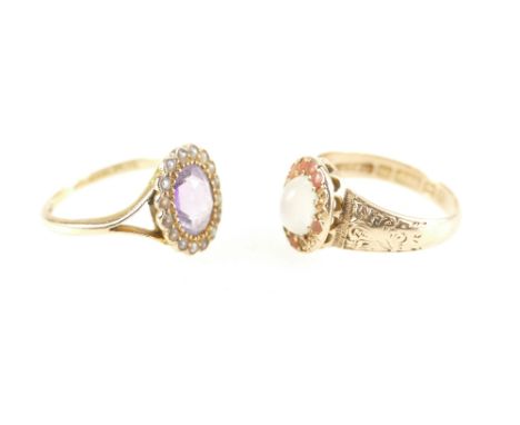 15ct gold ladies Amethyst and pearl ring size M and opal ring size M, total weight 7.1 grams (2).