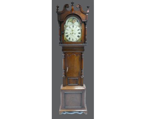 19th century mahogany cased grandfather clock Thos. Pass of Congleton, with arched painted dial with rolling moon.