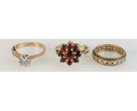 9ct Ladies diamond solitaire ring size M, 9ct ladies dress ring set with garnets and 9ct eternity ring, total weight 8 grams 