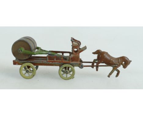 French early 20th century miniature cold painted metal horse, cart and roller