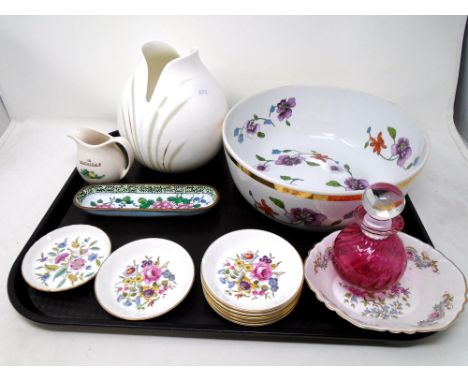 A tray containing cranberry glass perfume bottle, enamelled dish together with assorted ceramics including Royal Worcester As