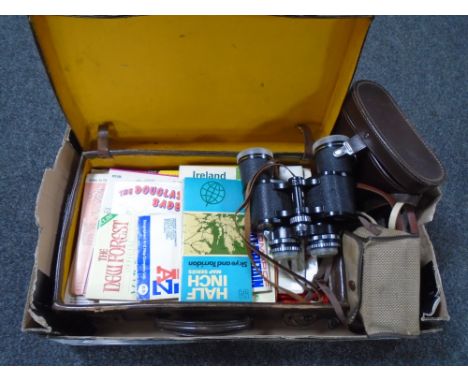 A box of vintage leather case containing maps, Kodak camera, field glasses in case 14 x 50 etc 
