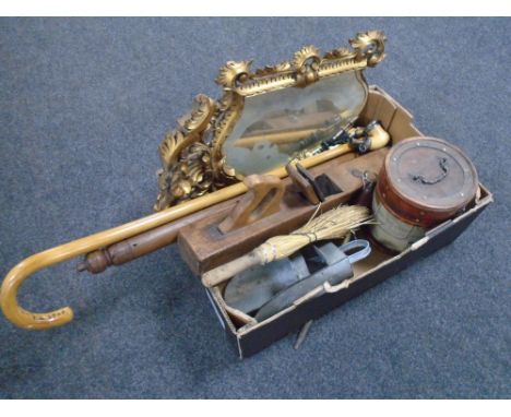 A box containing walking sticks, hearth brush, gilt frame mirror, block plane, eastern pipe etc.